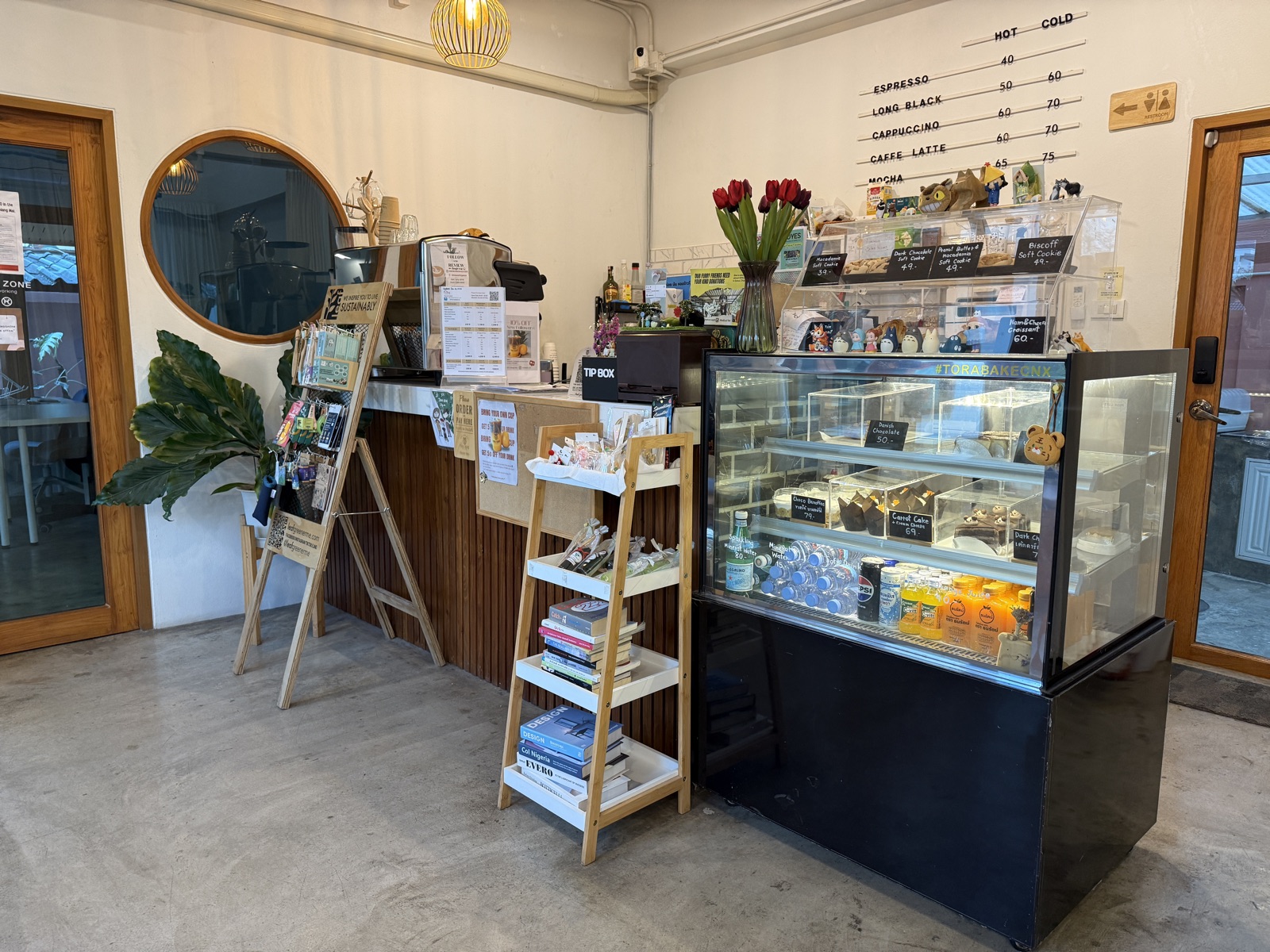 Entrance counter selling drinks and cakes